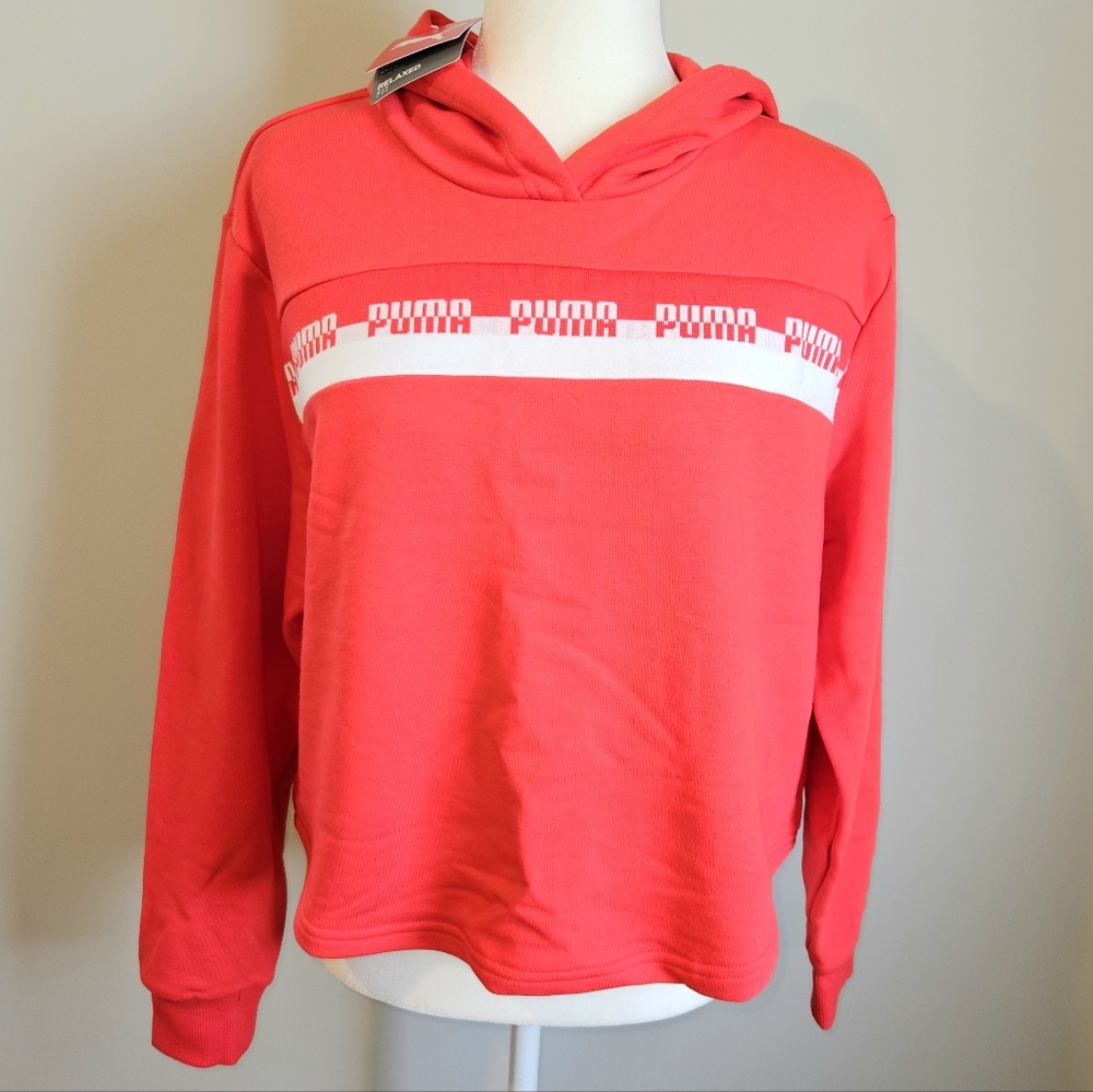 Puma  Cropped Hoodie With Chest Stripe Logo Medium in Poppy Red